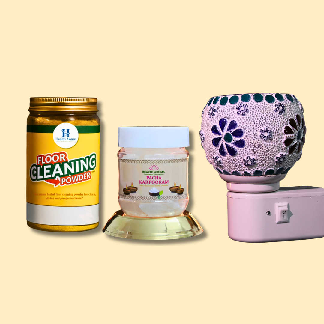 Health Aroma Floor Cleaner 180g + Aroma Diffuser + Bhimseni Camphor (Pachakarpooram) 80g Combo