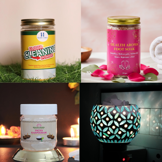 Health Aroma Complete Home & Self-Care Combo | Foot Soak 300g + Floor Cleaner 180g + Diffuser + Camphor 80g