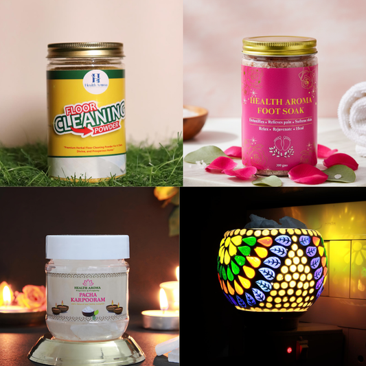 Health Aroma Complete Home & Self-Care Combo | Foot Soak 300g + Floor Cleaner 180g + Diffuser + Camphor 80g