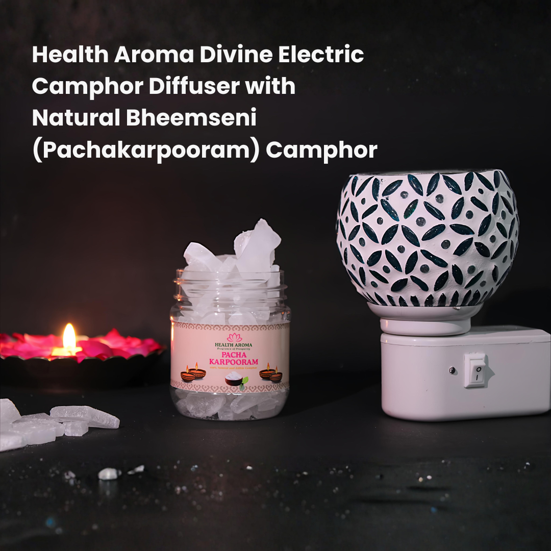 Divine Camphor Diffuser with Natural Bheemseni (Pacha Karpooram) | Teal Leaf Print