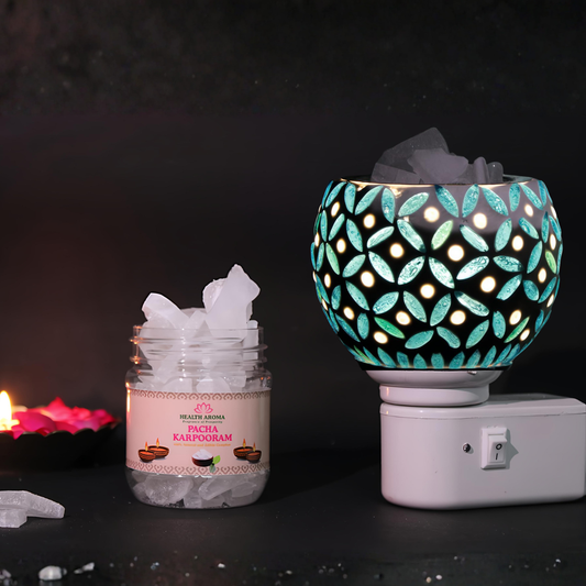 Divine Camphor Diffuser with Natural Bheemseni (Pacha Karpooram) | Teal Leaf Print