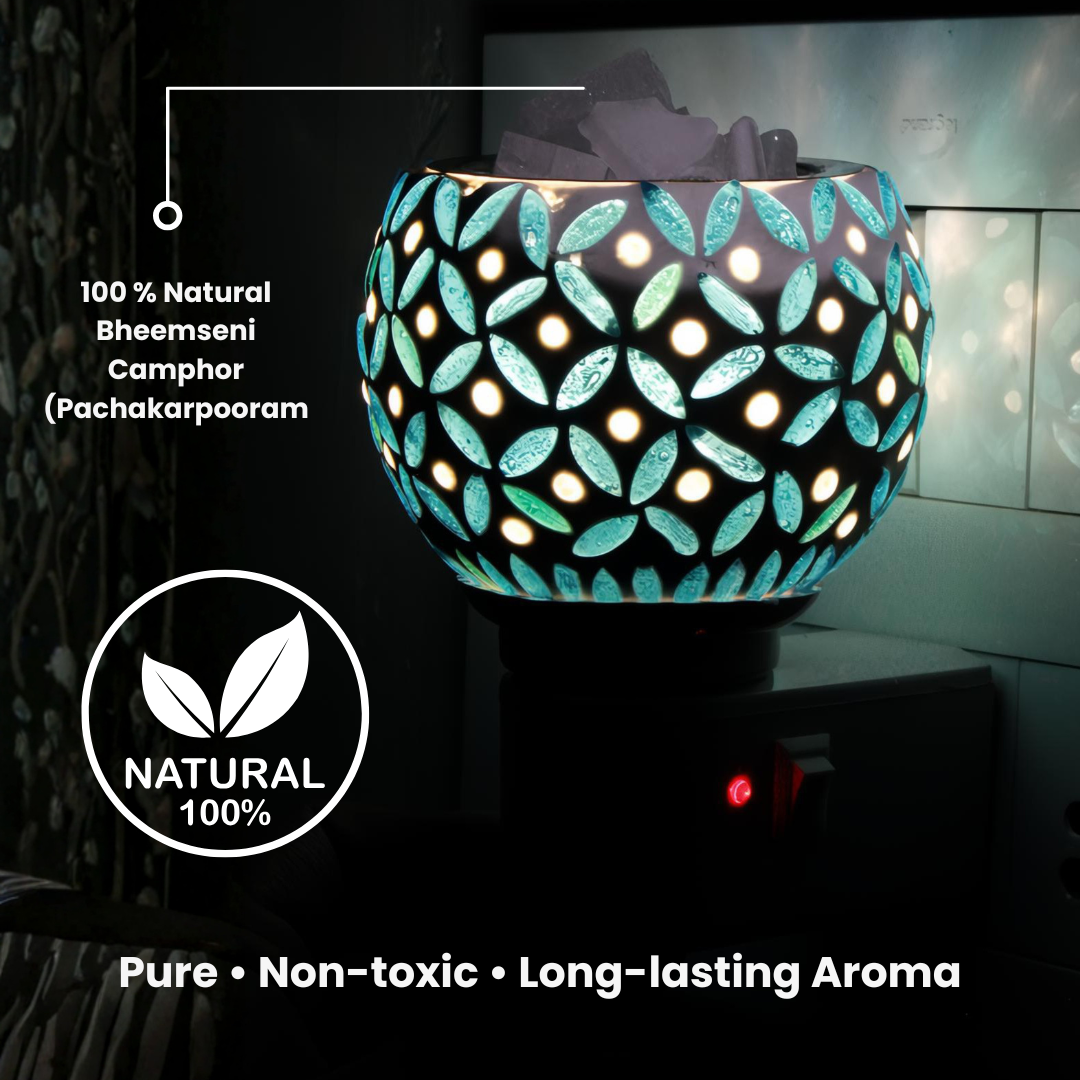 Divine Camphor Diffuser with Natural Bheemseni (Pacha Karpooram) | Teal Leaf Print