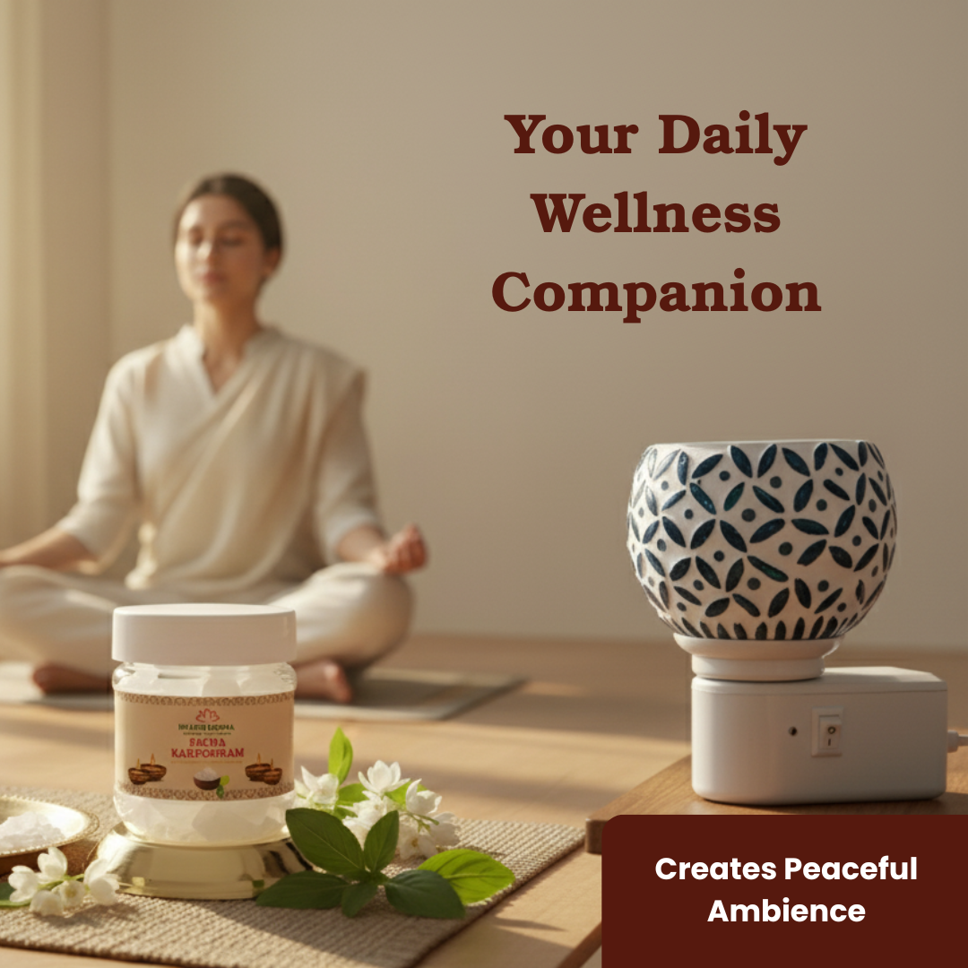 Divine Camphor Diffuser with Natural Bheemseni (Pacha Karpooram) | Teal Leaf Print