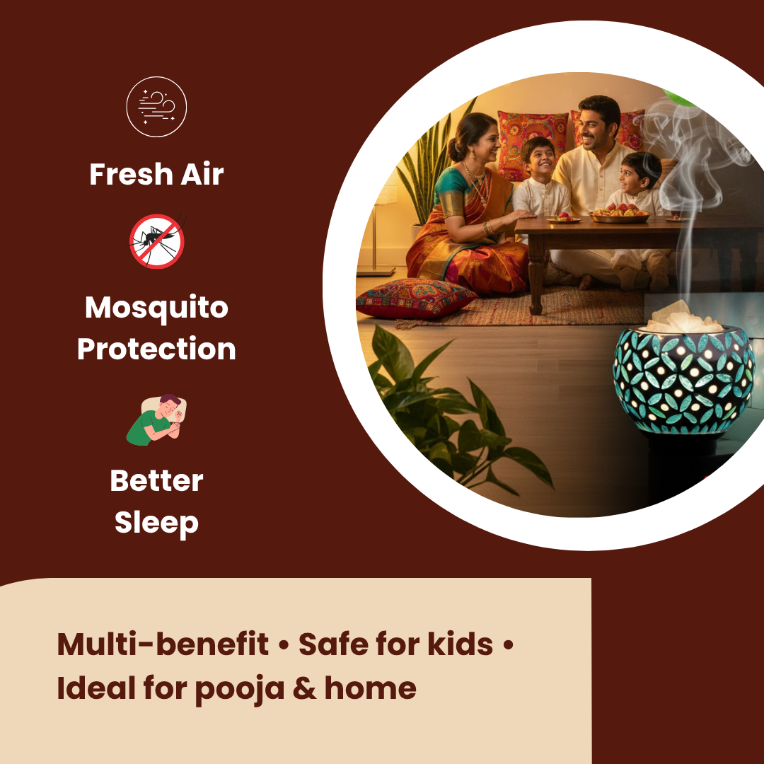 Divine Camphor Diffuser with Natural Bheemseni (Pacha Karpooram) | Teal Leaf Print