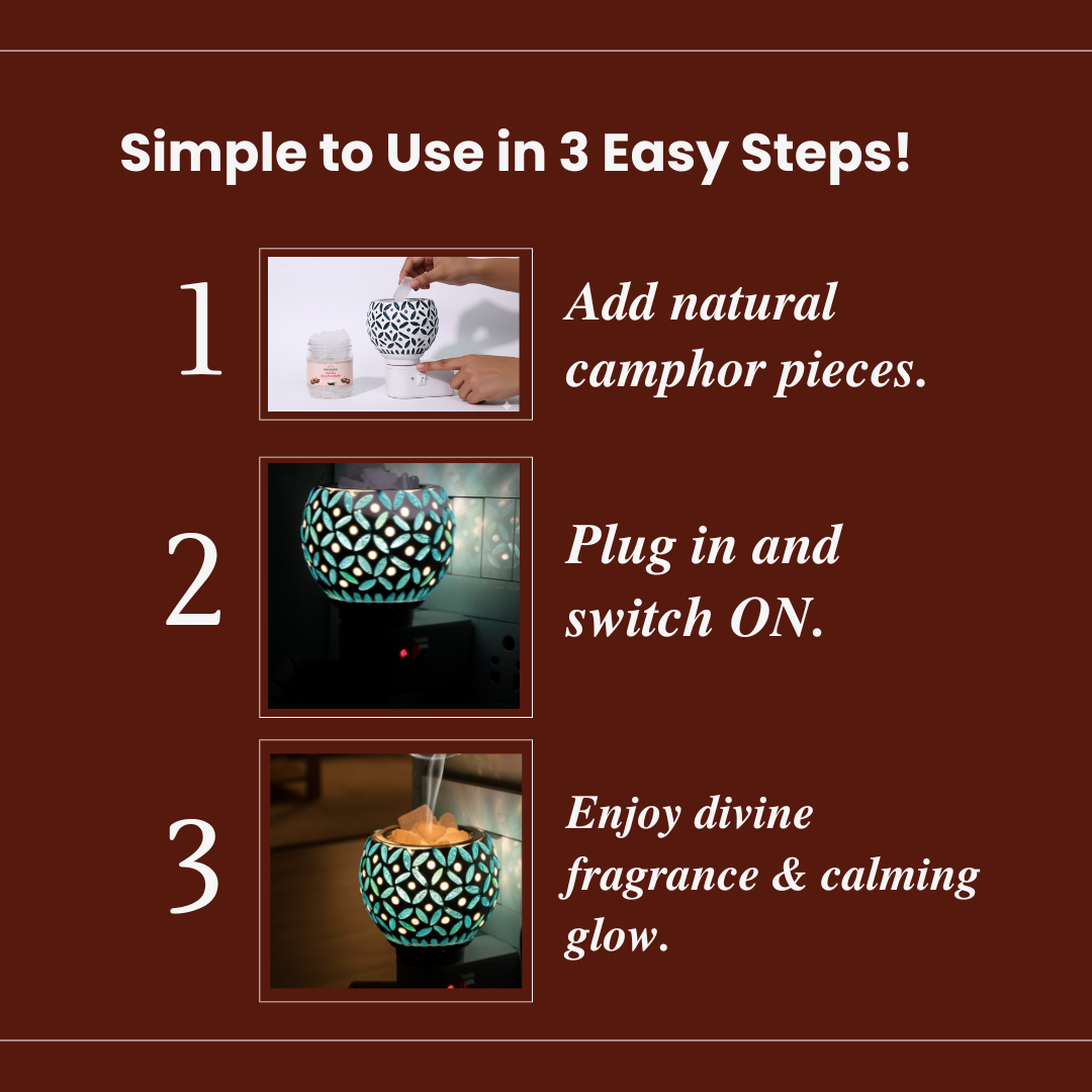 Divine Camphor Diffuser with Natural Bheemseni (Pacha Karpooram) | Teal Leaf Print