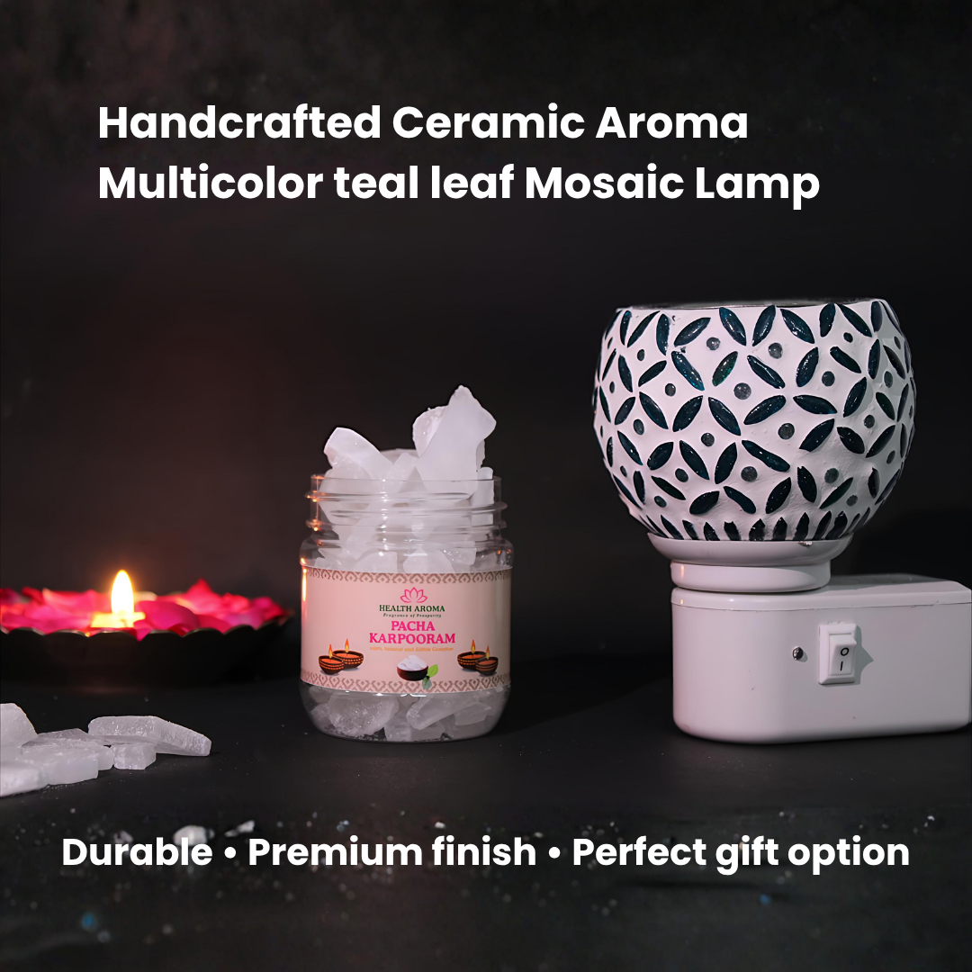 Divine Camphor Diffuser with Natural Bheemseni (Pacha Karpooram) | Teal Leaf Print