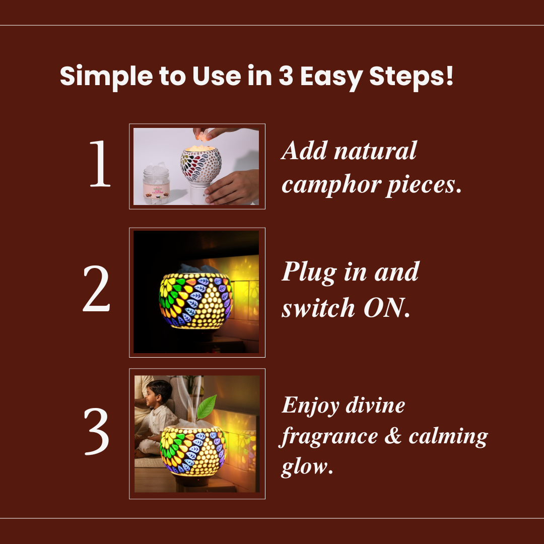 Divine Camphor Diffuser with Natural Bheemseni (Pacha Karpooram) | Rainbow Petal Design