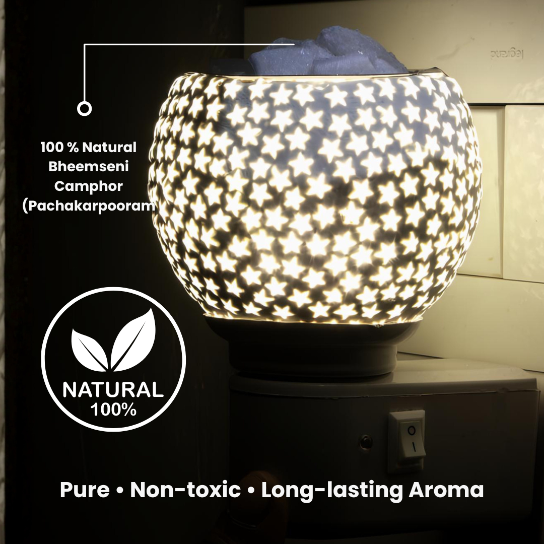 Divine Camphor Diffuser with Natural Bheemseni (Pacha Karpooram) | White Star Pattern