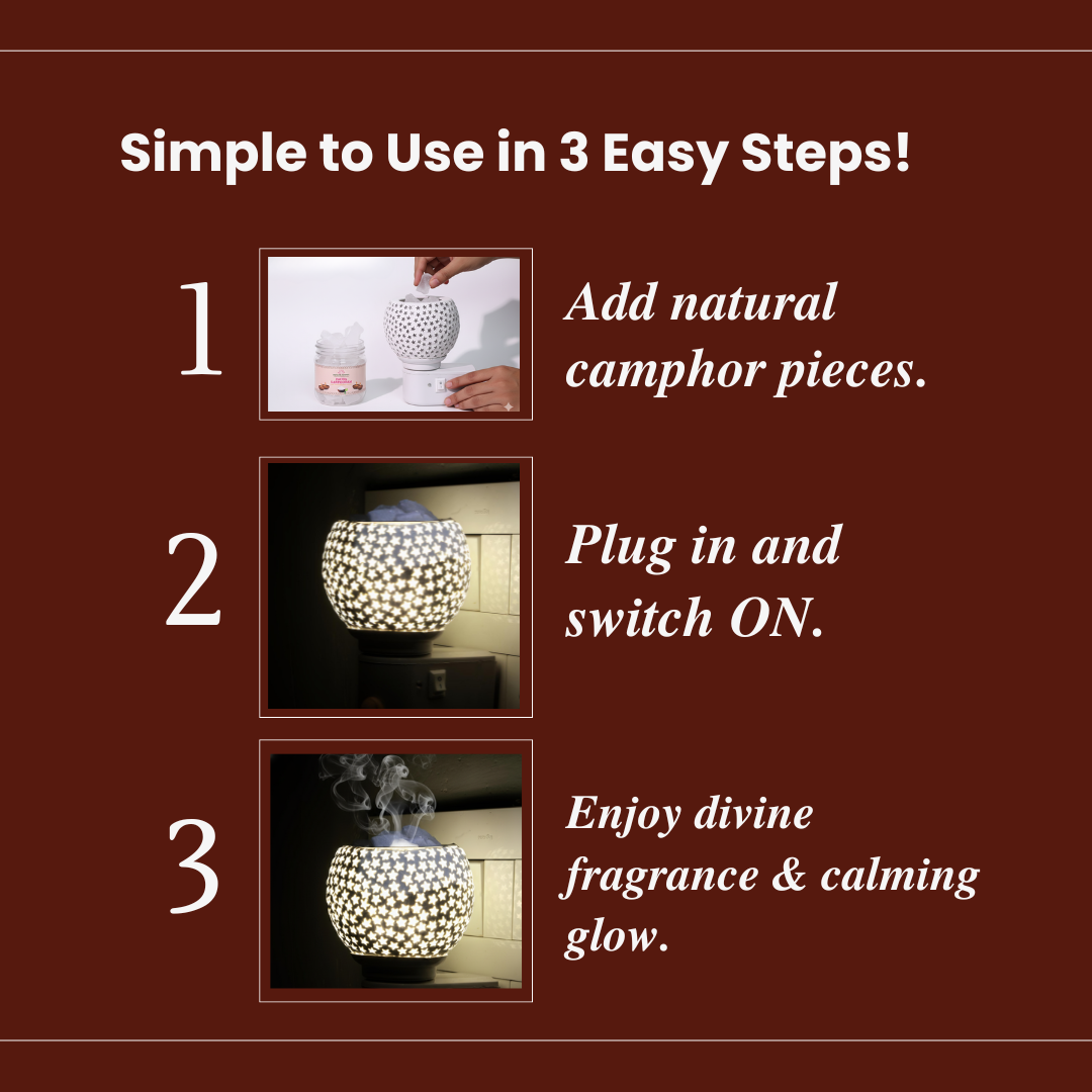 Divine Camphor Diffuser with Natural Bheemseni (Pacha Karpooram) | White Star Pattern