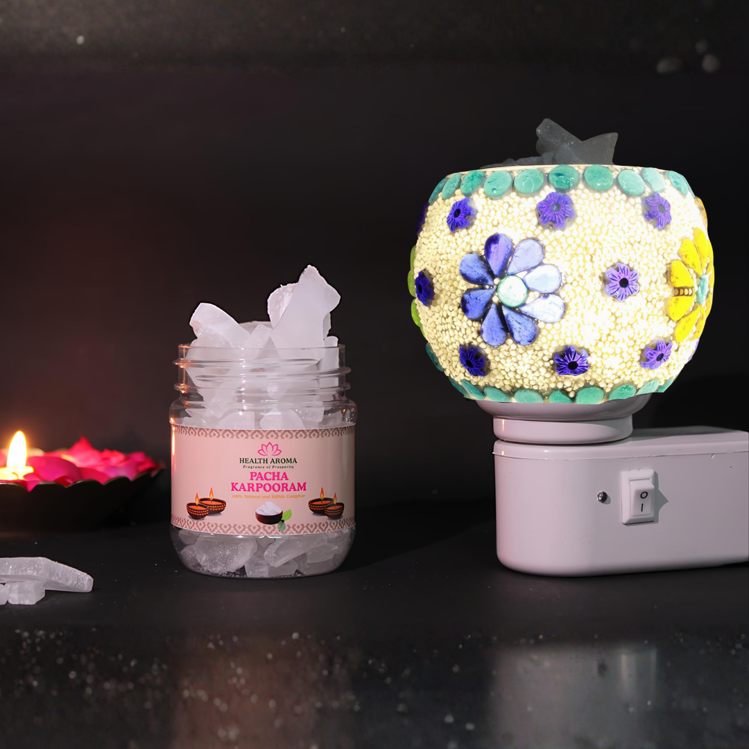 Divine Camphor Diffuser with Natural Bheemseni (Pacha Karpooram) | Blue Floral Mosaic