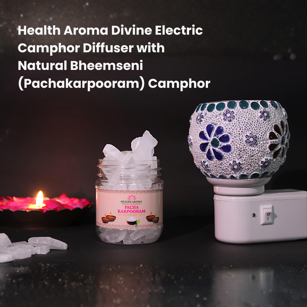 Divine Camphor Diffuser with Natural Bheemseni (Pacha Karpooram) | Blue Floral Mosaic