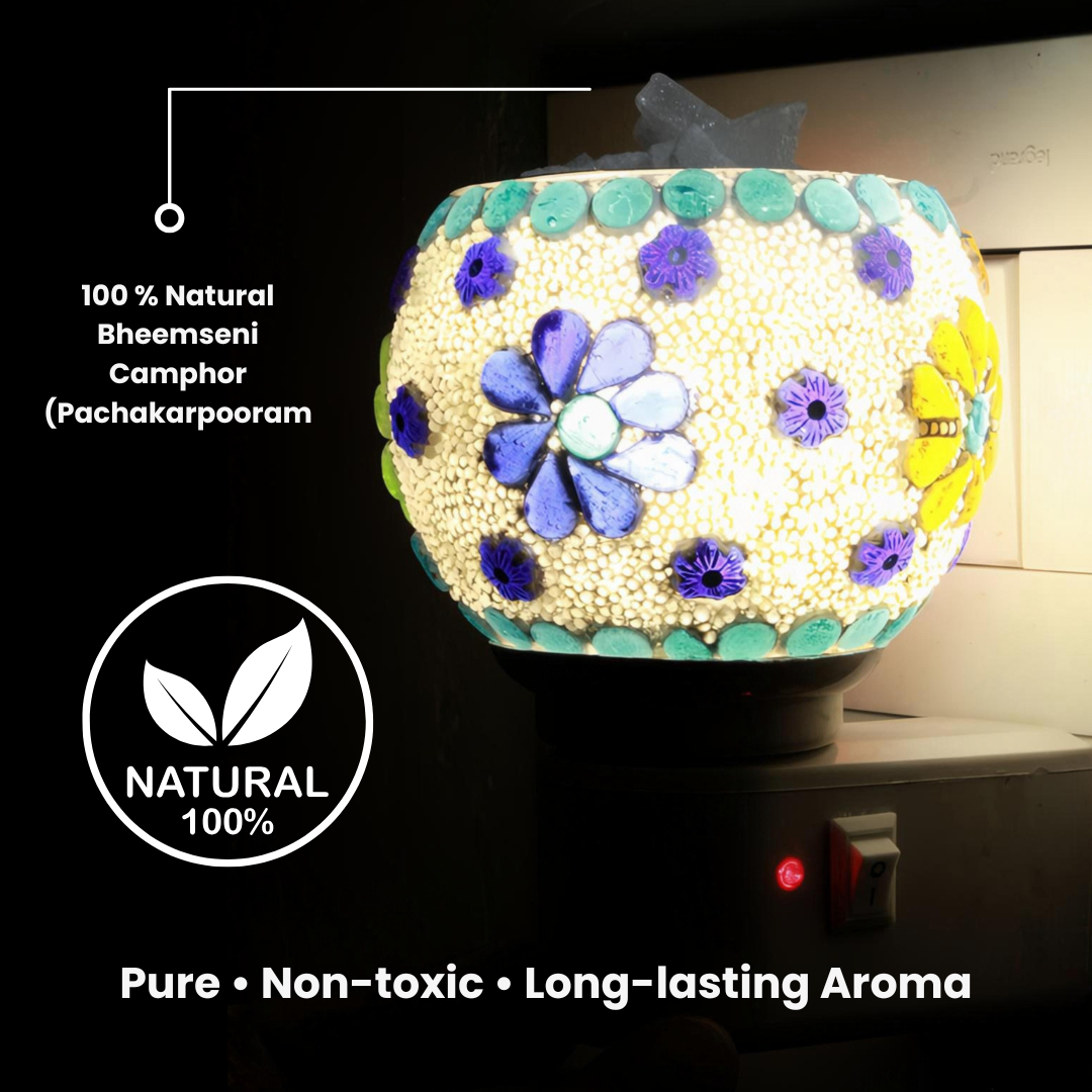 Divine Camphor Diffuser with Natural Bheemseni (Pacha Karpooram) | Blue Floral Mosaic