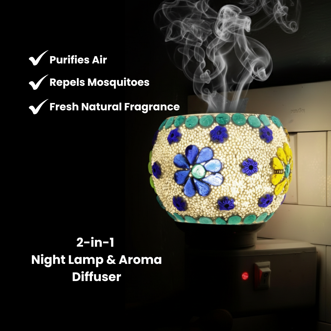 Divine Camphor Diffuser with Natural Bheemseni (Pacha Karpooram) | Blue Floral Mosaic