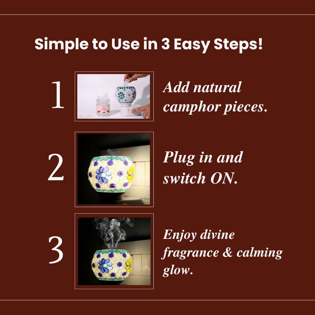 Divine Camphor Diffuser with Natural Bheemseni (Pacha Karpooram) | Blue Floral Mosaic