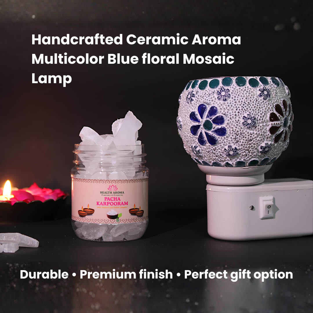Divine Camphor Diffuser with Natural Bheemseni (Pacha Karpooram) | Blue Floral Mosaic