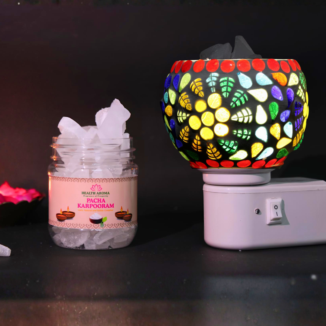 Divine Camphor Diffuser with Natural Bheemseni (Pacha Karpooram) | Multicolor Leaf Mosaic