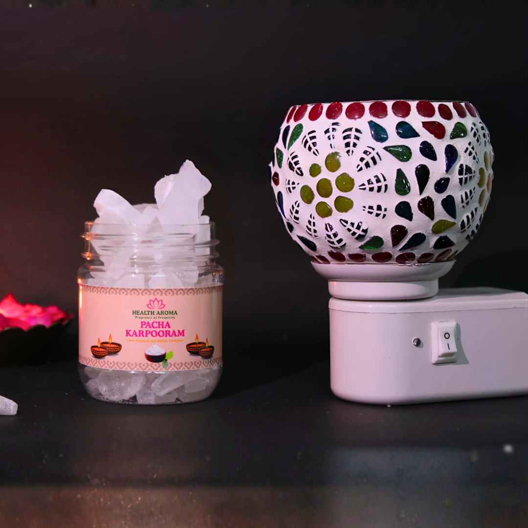 Divine Camphor Diffuser with Natural Bheemseni (Pacha Karpooram) | Multicolor Leaf Mosaic