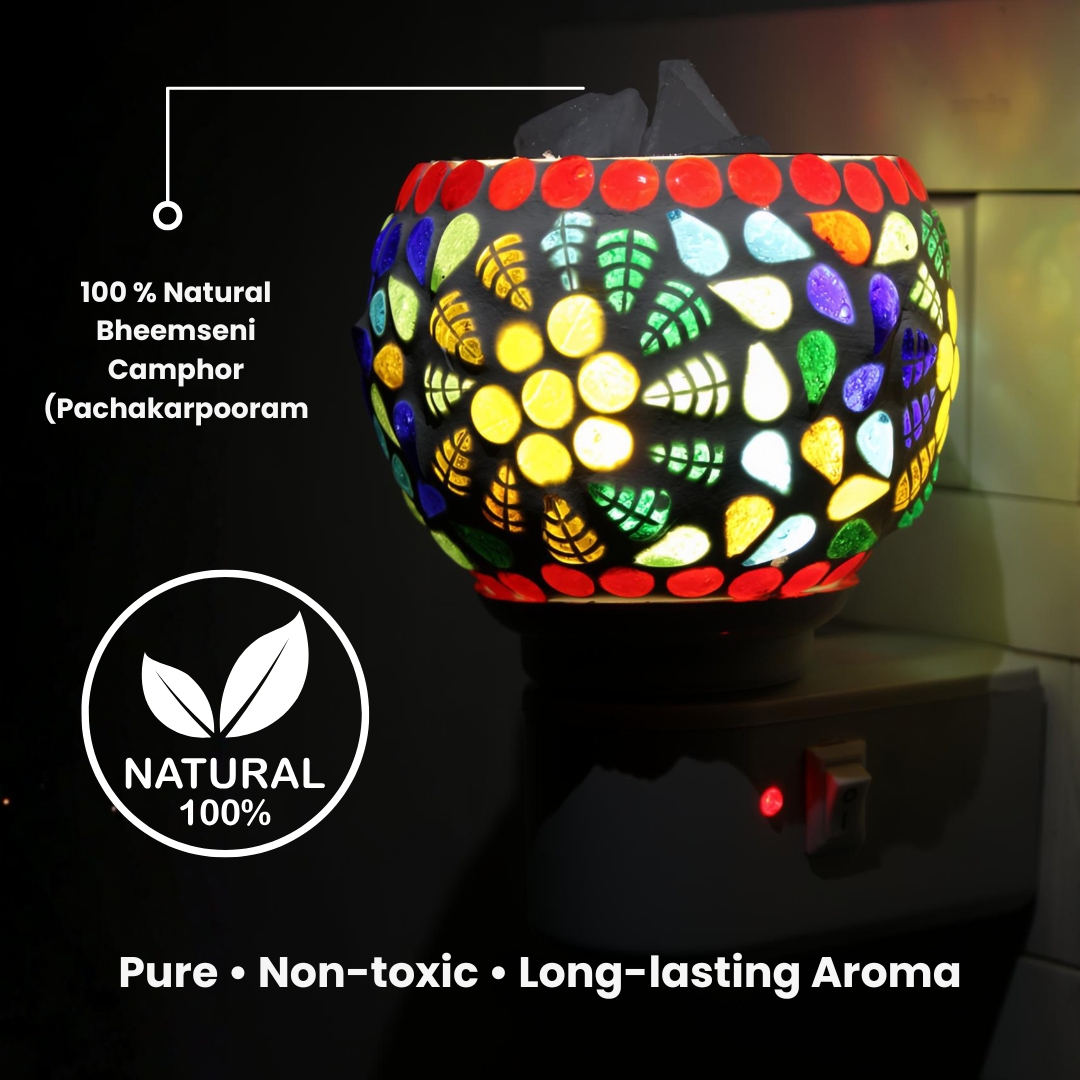 Divine Camphor Diffuser with Natural Bheemseni (Pacha Karpooram) | Multicolor Leaf Mosaic