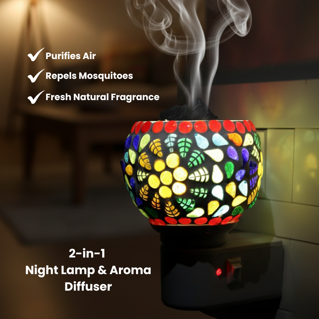 Divine Camphor Diffuser with Natural Bheemseni (Pacha Karpooram) | Multicolor Leaf Mosaic