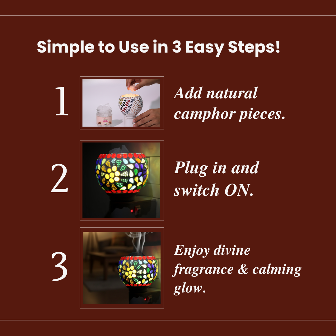 Divine Camphor Diffuser with Natural Bheemseni (Pacha Karpooram) | Multicolor Leaf Mosaic