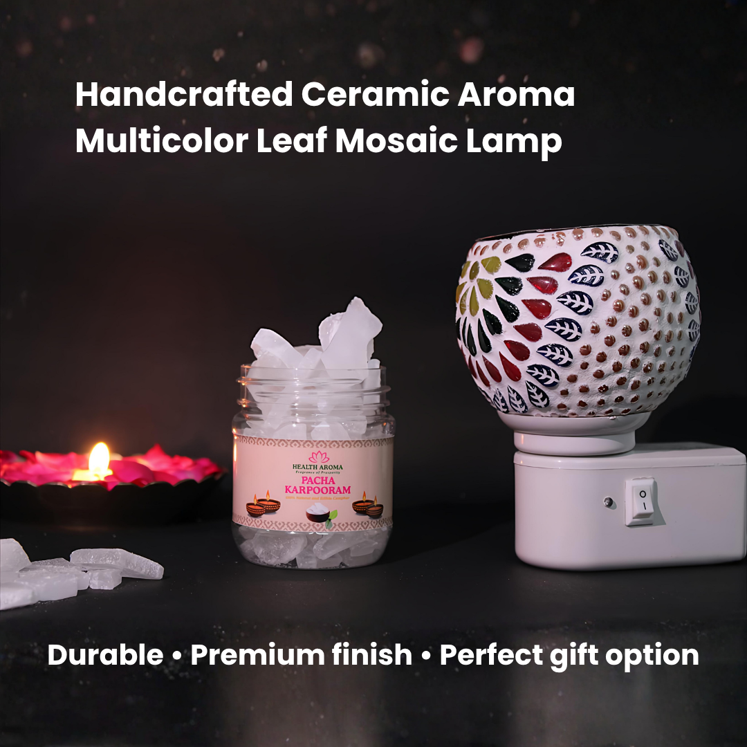 Divine Camphor Diffuser with Natural Bheemseni (Pacha Karpooram) | Multicolor Leaf Mosaic